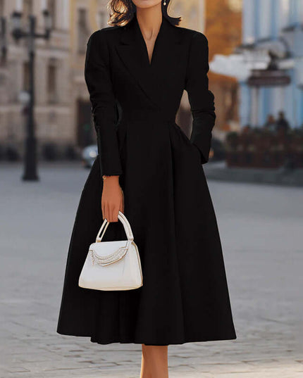 Women's V-Neck Long Sleeve Midi Dress With Pockets - Elegant Swing A-Line Party Dress For Wedding Guest