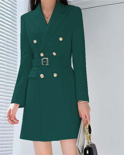 Green double-breasted coat worn by a person with a neutral background
