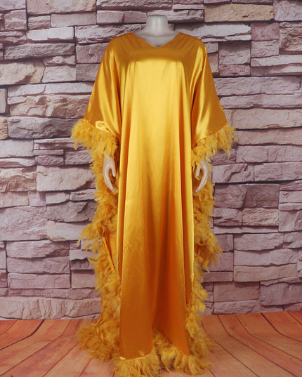 African Women's Loose Dress Luxury Fully Surrounded Light Feather Batwing Sleeve High Slit Robe