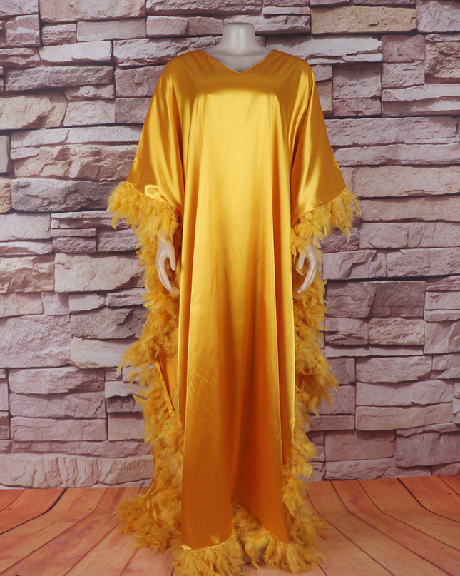 African Women's Loose Dress Luxury Fully Surrounded Light Feather Batwing Sleeve High Slit Robe
