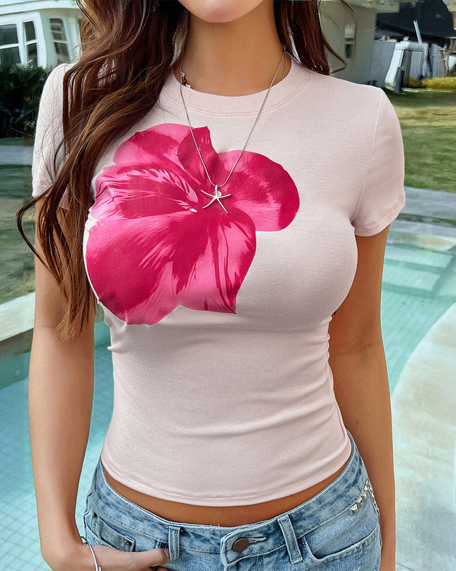 Polyester Women's Casual Slim-fit Waist Flower Printed Short-sleeved T-shirt