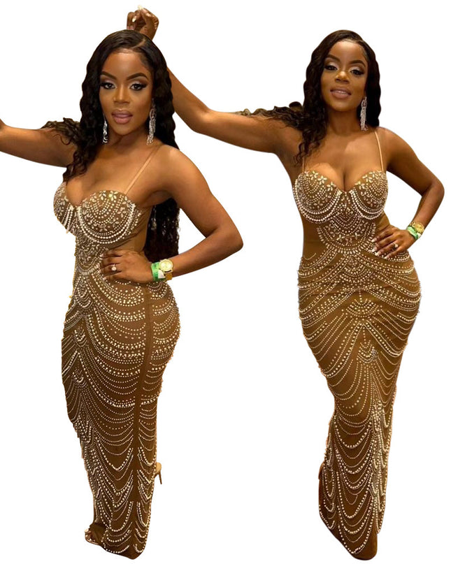 Sling Hot Drilling Foam Beads Evening Dress