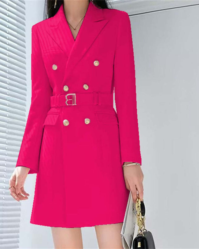 Pink blazer dress worn by a person with a neutral background