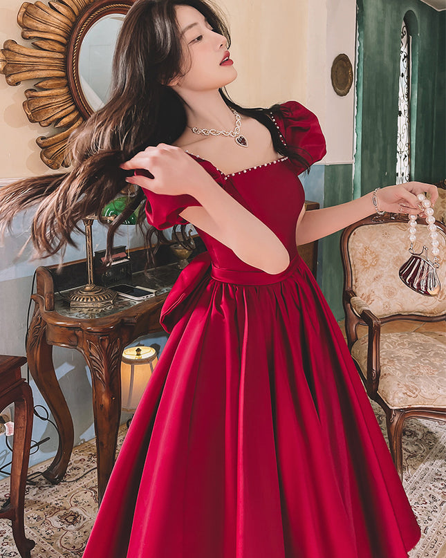 Winter Wine Red Engagement Daily French Princess On The Run Satin Dress