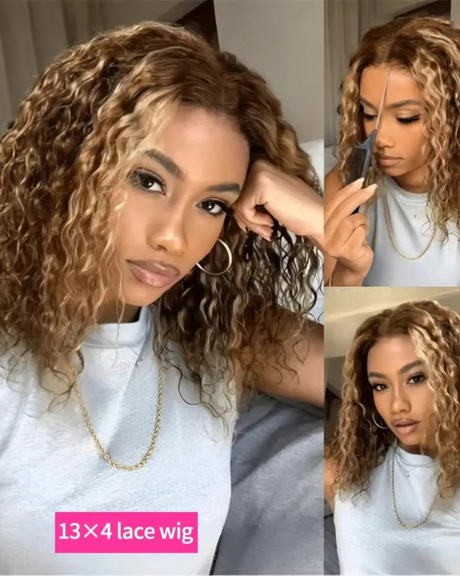 Woman with styled hair, showing a close-up of a lace wig labeled '13x4 lace wig'.