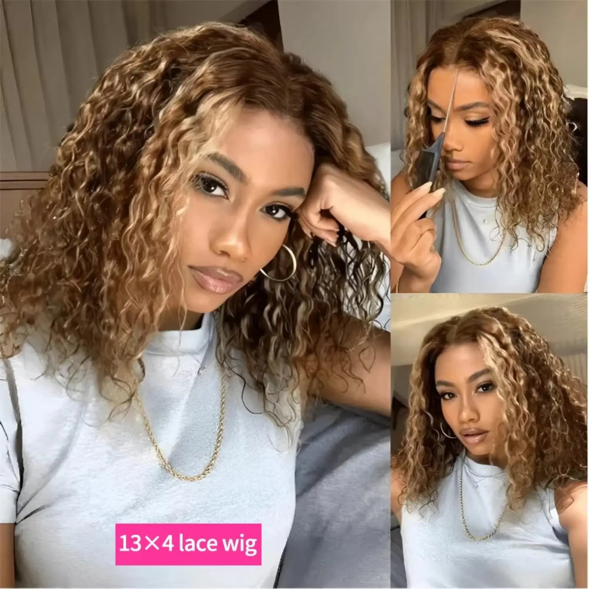 Woman with styled hair, showing a close-up of a lace wig labeled '13x4 lace wig'.