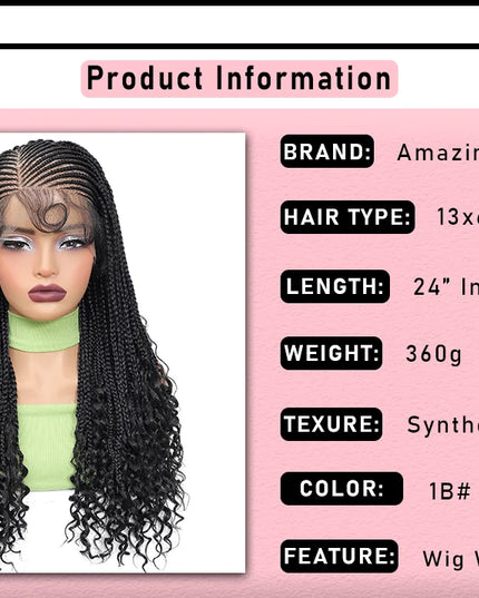 Product information card for a synthetic hair wig with details on brand, hair type, length, weight, texture, color, and features.