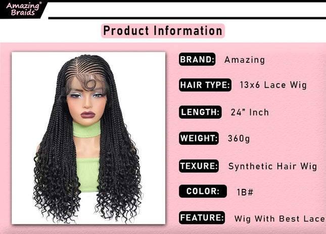 Product information card for a synthetic hair wig with details on brand, hair type, length, weight, texture, color, and features.