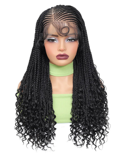 Braid wig on a mannequin head with product details on a white background