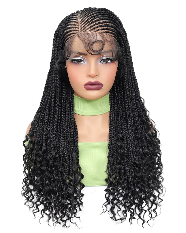 Braid wig on a mannequin head with product details on a white background