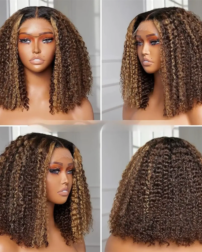 Four views of a woman with a curly brown wig on a white background