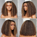 Four views of a woman with a curly brown wig on a white background