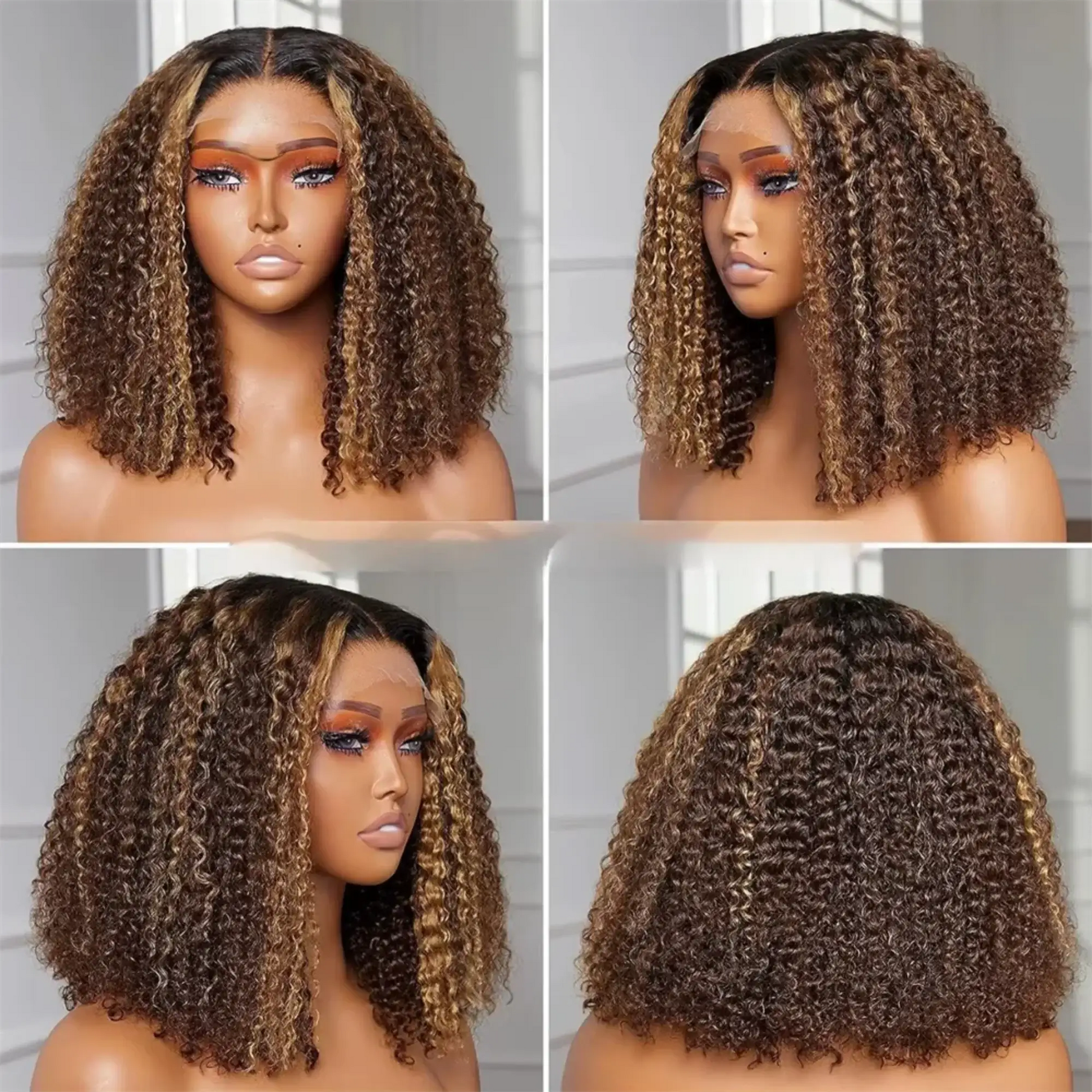 Four views of a woman with a curly brown wig on a white background