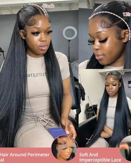 13x6 bone straight lace front wig displayed on a model with natural baby hair, showcasing 30-40 inch Brazilian human hair.