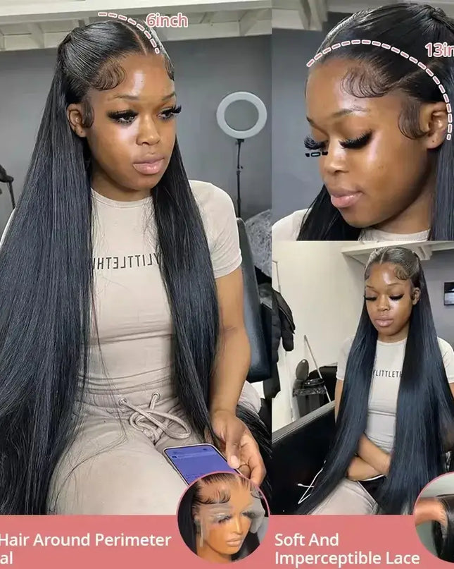 13x6 bone straight lace front wig displayed on a model with natural baby hair, showcasing 30-40 inch Brazilian human hair.