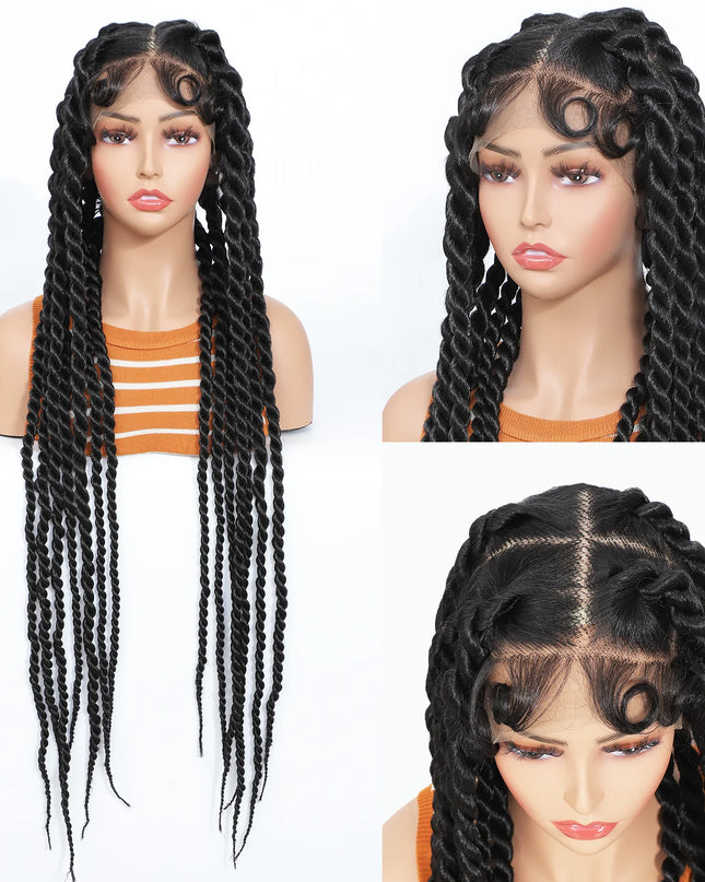 Three views of a wig with braided hair on a mannequin head against a white background.