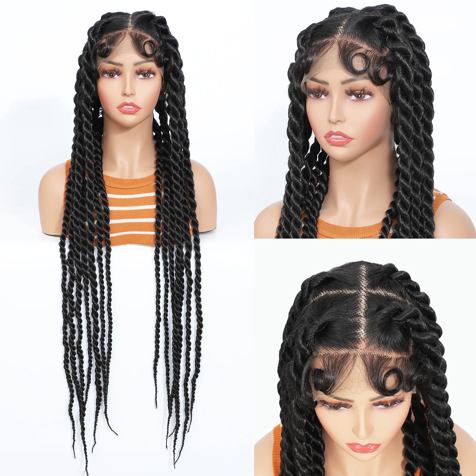Three views of a wig with braided hair on a mannequin head against a white background.