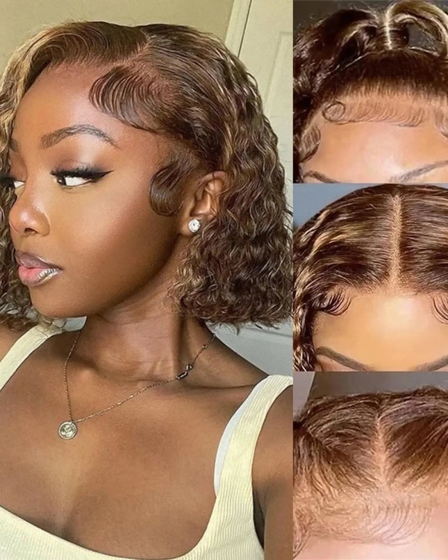 Woman with styled hair and close-up views of hair texture and alignment.
