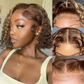 Woman with styled hair and close-up views of hair texture and alignment.