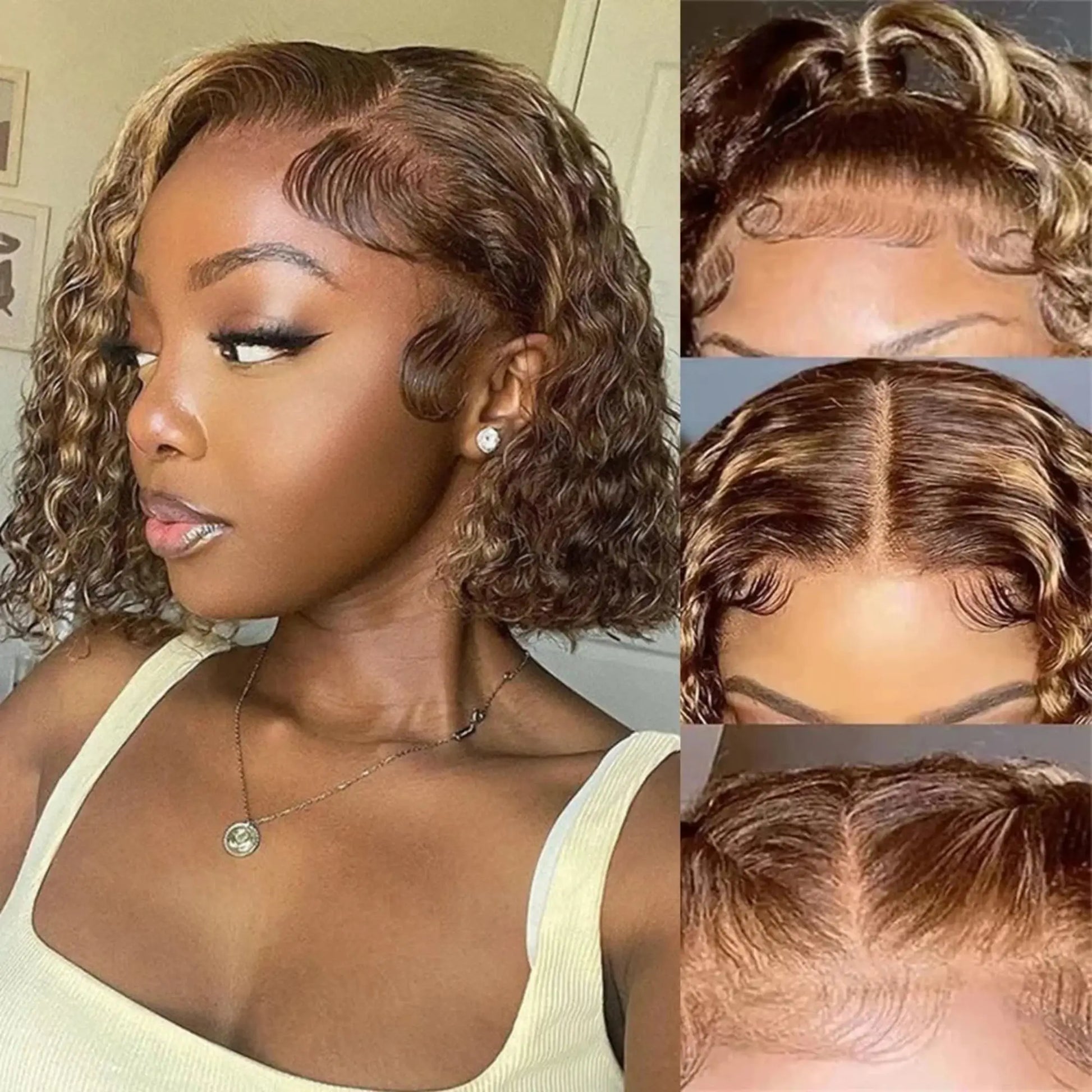 Woman with styled hair and close-up views of hair texture and alignment.