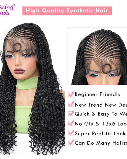 Black synthetic braided wig with detailed features and benefits on a white background