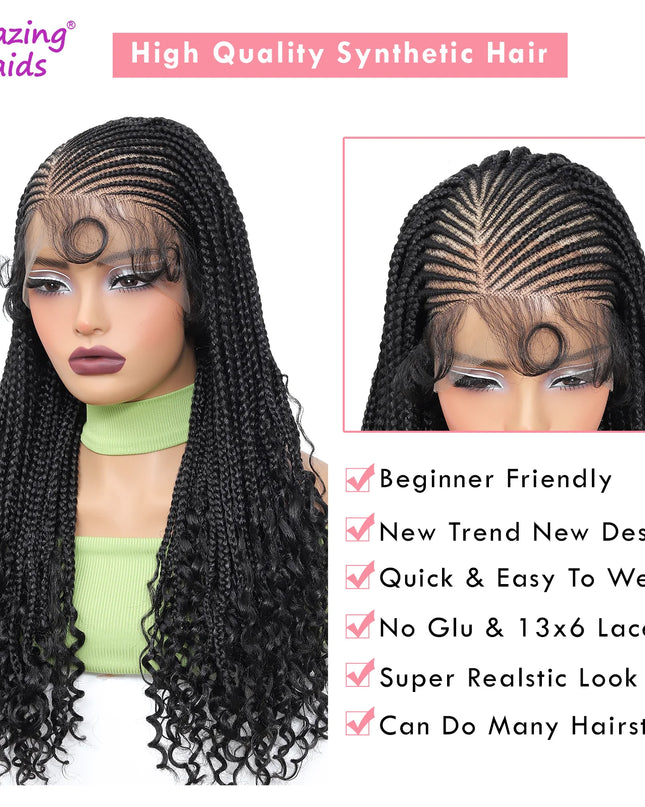 Black synthetic braided wig with detailed features and benefits on a white background