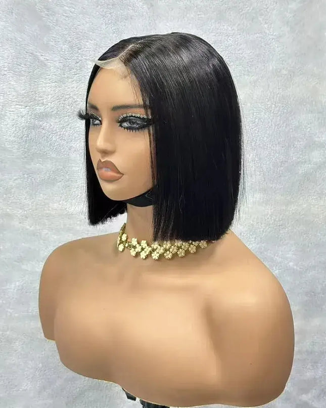 2x6 straight lace bob wig pre plucked 180 density human hair bob wig worn by mannequin with short black hair