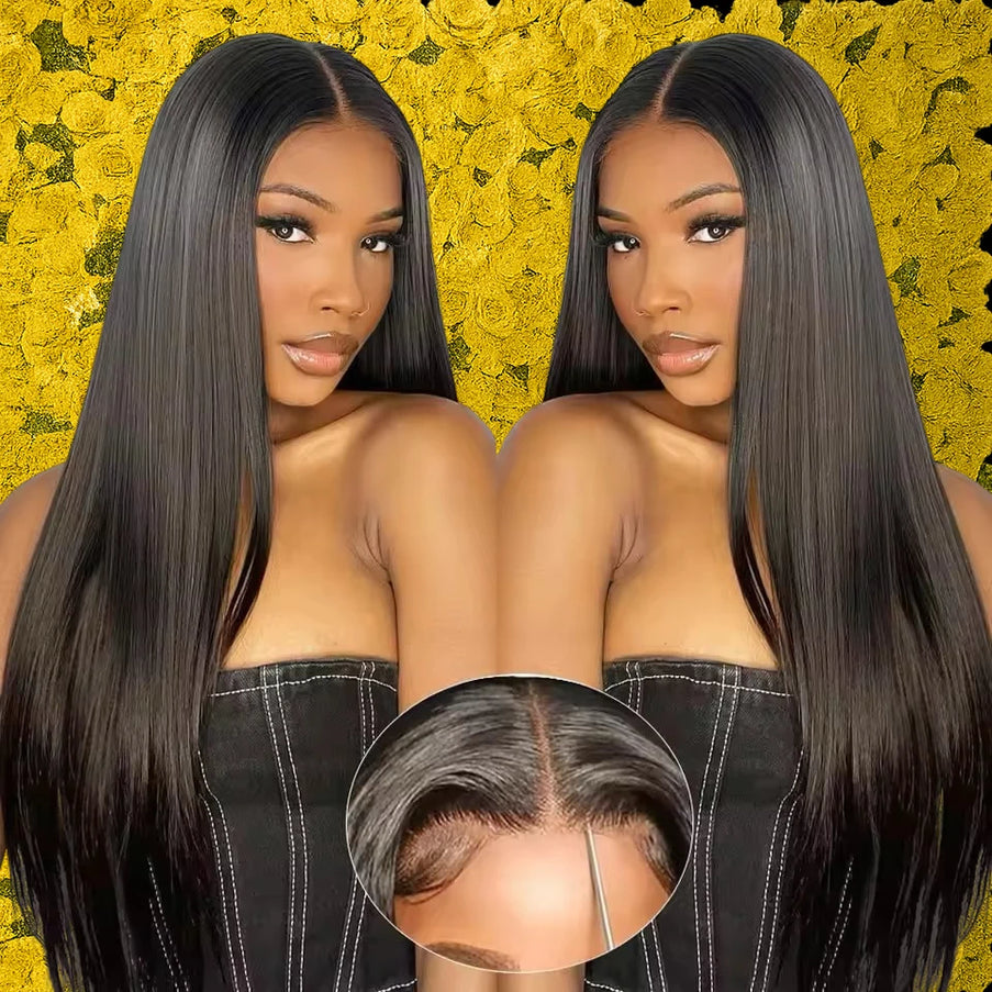 13x6 bone straight lace front wig, showcasing natural-looking hairline and 30-40" Brazilian human hair.