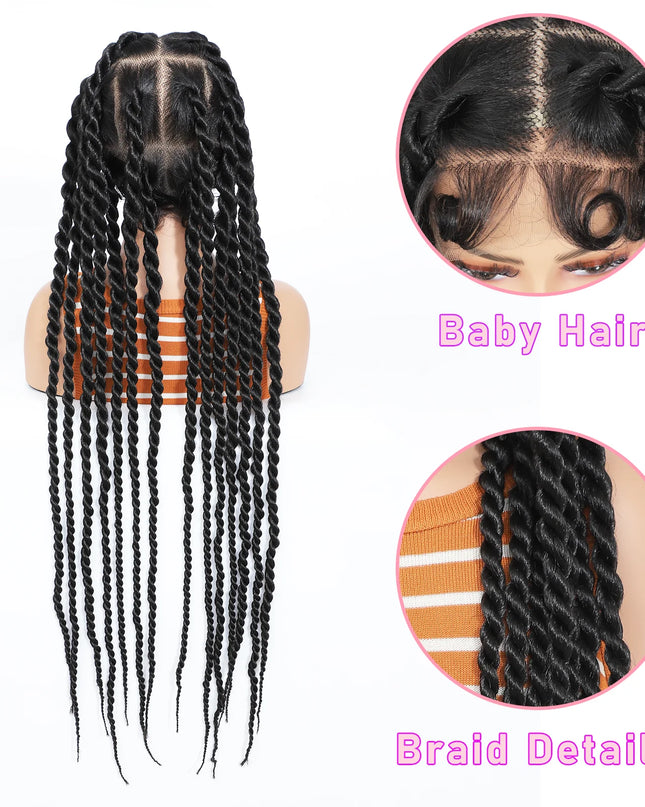 Mannequin head with braided hair extensions and close-up details on a white background