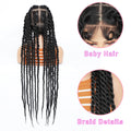 Mannequin head with braided hair extensions and close-up details on a white background