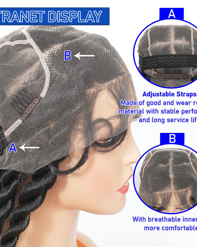 Wig with adjustable straps and breathable inner net on a mannequin head, labeled 'Intranet Display'.