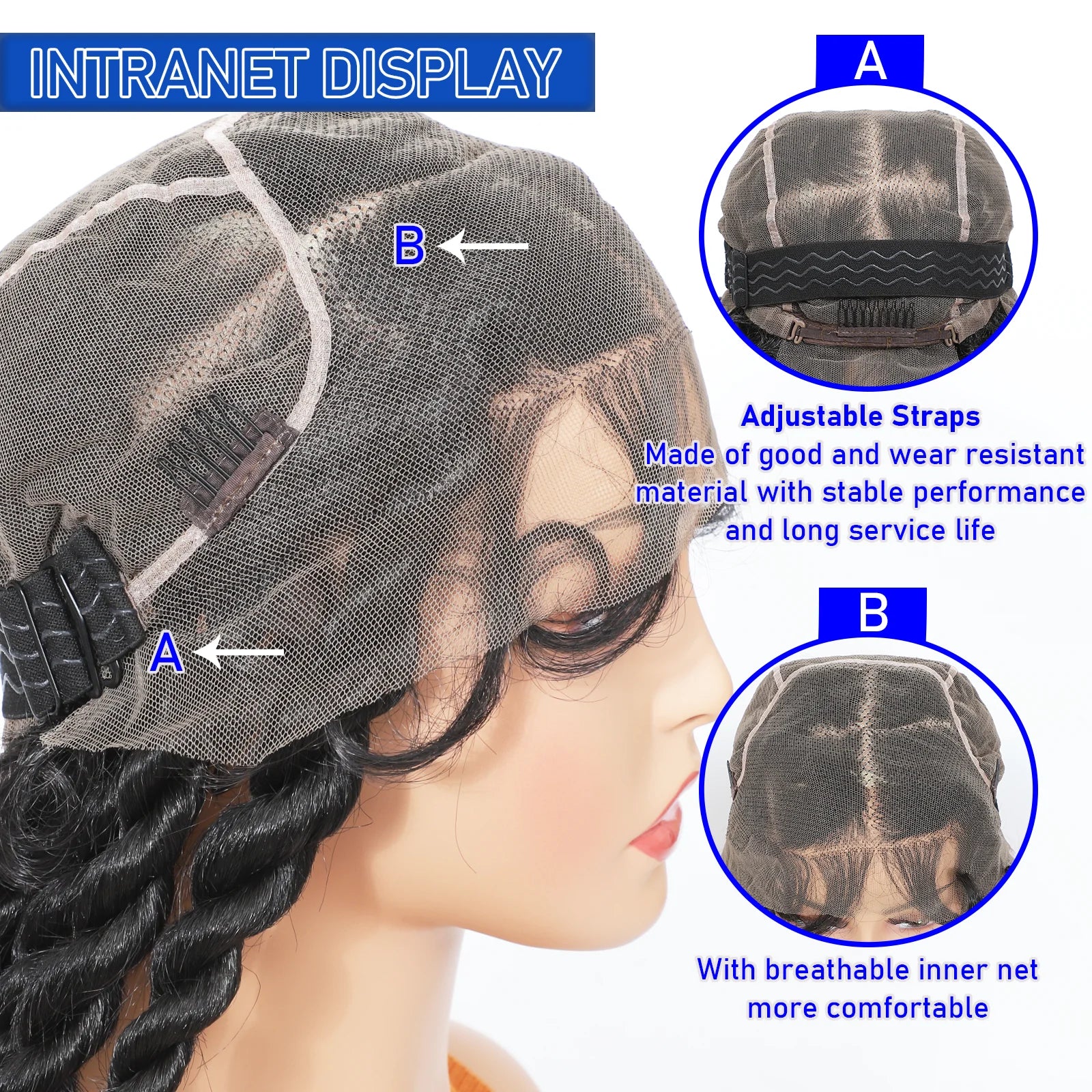Wig with adjustable straps and breathable inner net on a mannequin head, labeled 'Intranet Display'.