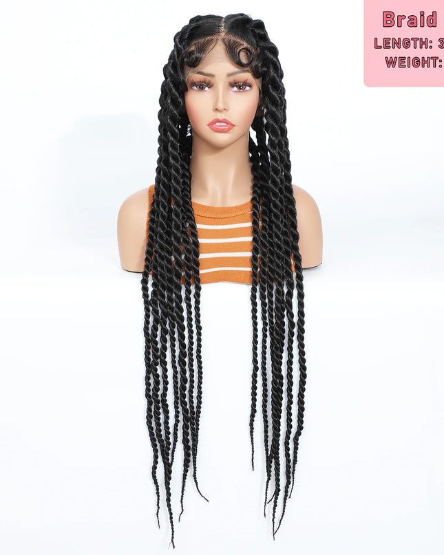 Braid wig on a mannequin head with product details on a white background