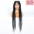 Braid wig on a mannequin head with product details on a white background