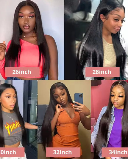 13x6 bone straight lace front wig options in 26, 28, 30, 32, and 34 inch lengths featuring Brazilian human hair.