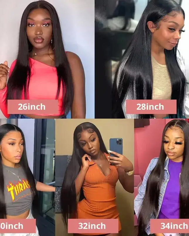 13x6 bone straight lace front wig options in 26, 28, 30, 32, and 34 inch lengths featuring Brazilian human hair.