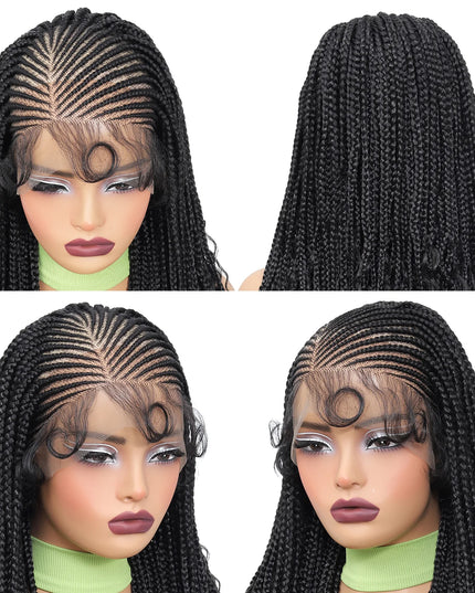Collage of a black braided wig on a mannequin head with different angles shown.