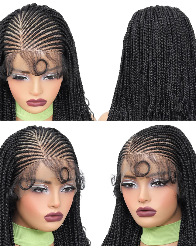 Collage of a black braided wig on a mannequin head with different angles shown.