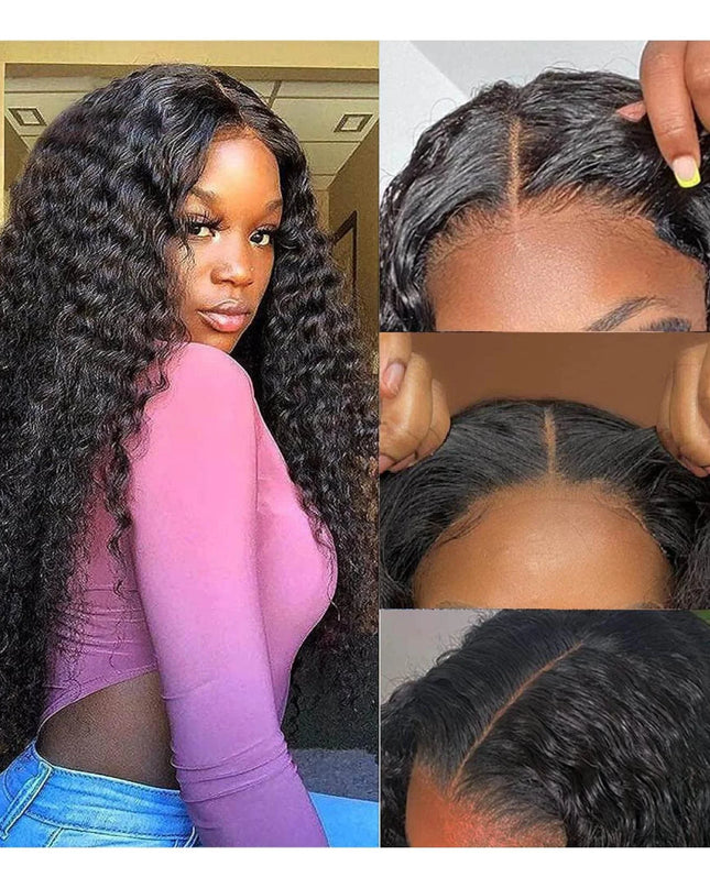 Person with long curly hair and close-up shots of hair texture and styling.