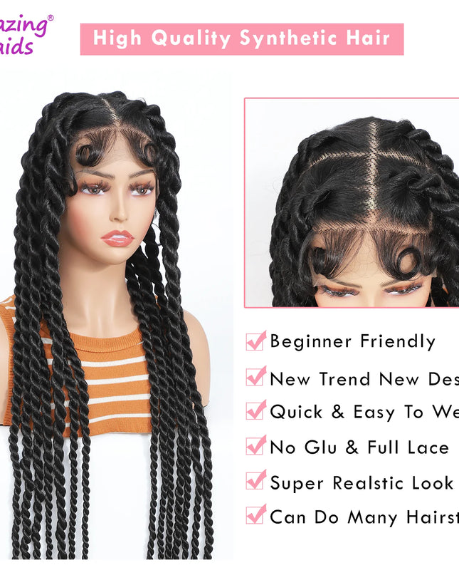 Mannequin head with braided hair extensions and text highlighting features on a white background