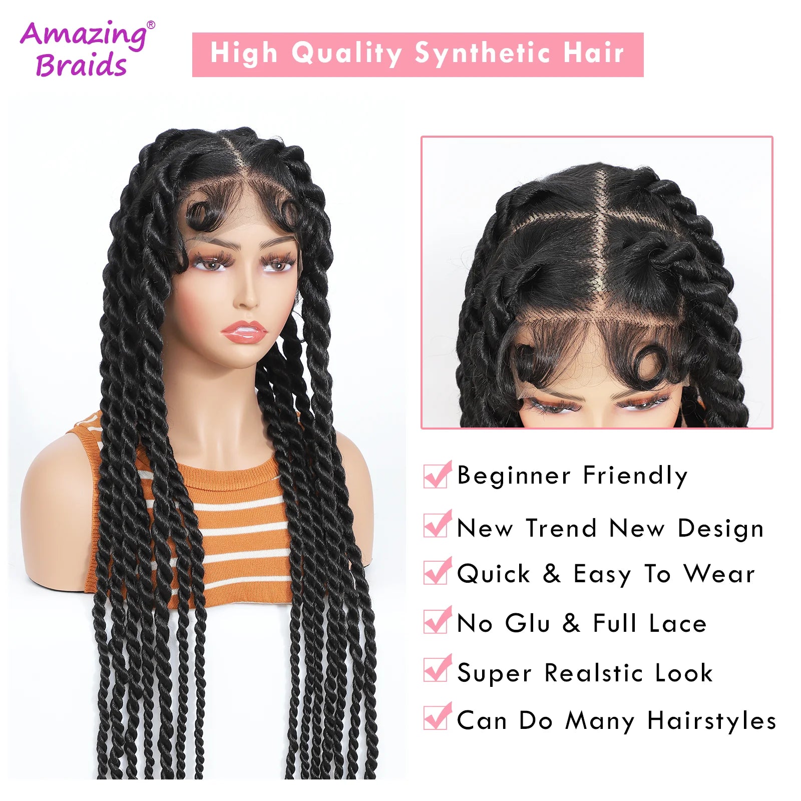 Mannequin head with braided hair extensions and text highlighting features on a white background