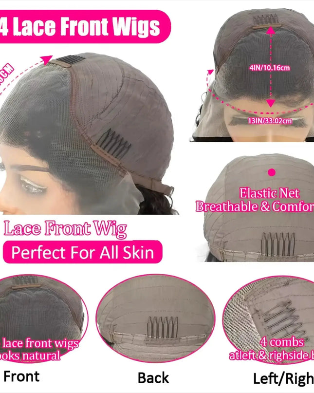 13x4 lace front wig with detailed views and specifications on a white background