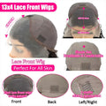 13x4 lace front wig with detailed views and specifications on a white background
