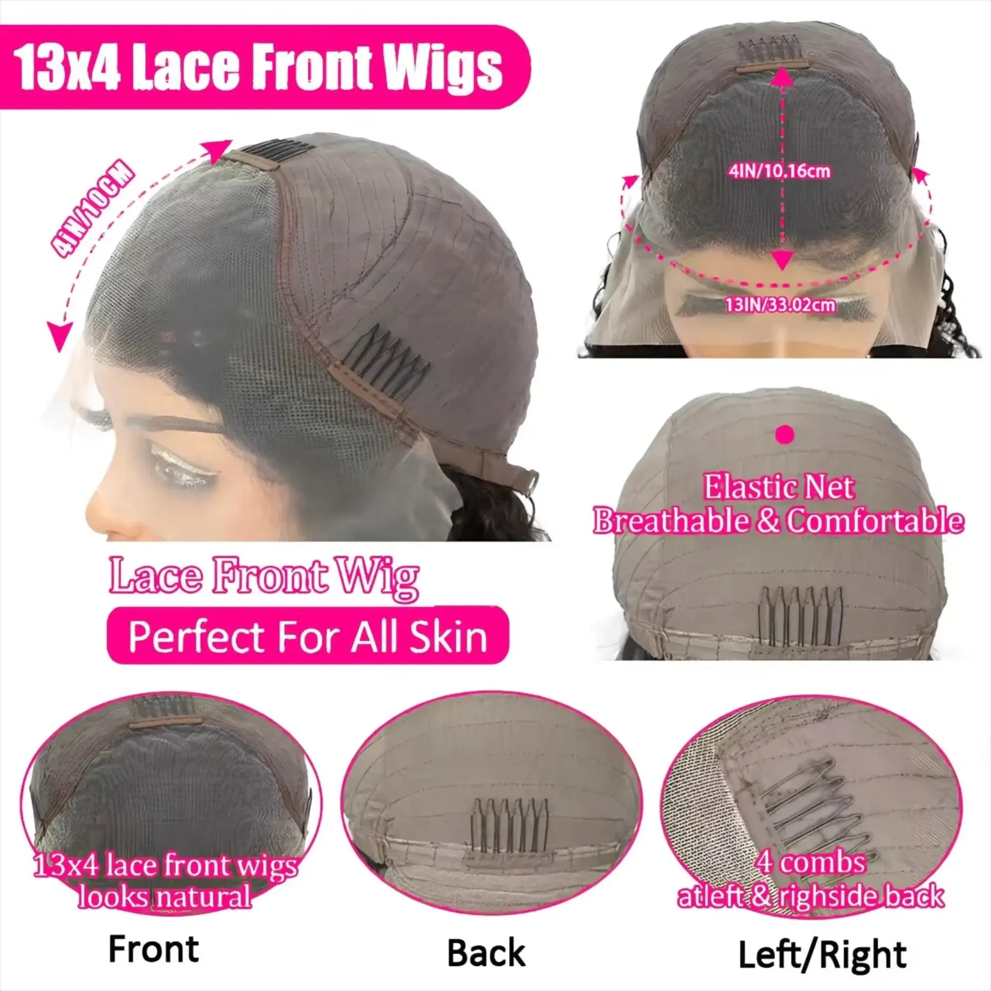 13x4 lace front wig with detailed views and specifications on a white background
