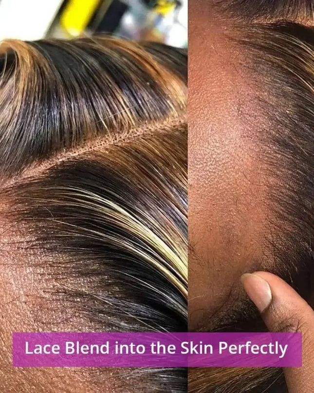 Close-up of hair lace blend into skin with a hand holding the hair, labeled 'Lace Blend into the Skin Perfectly'.