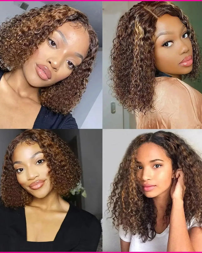 Four different angles of a woman with curly hair.