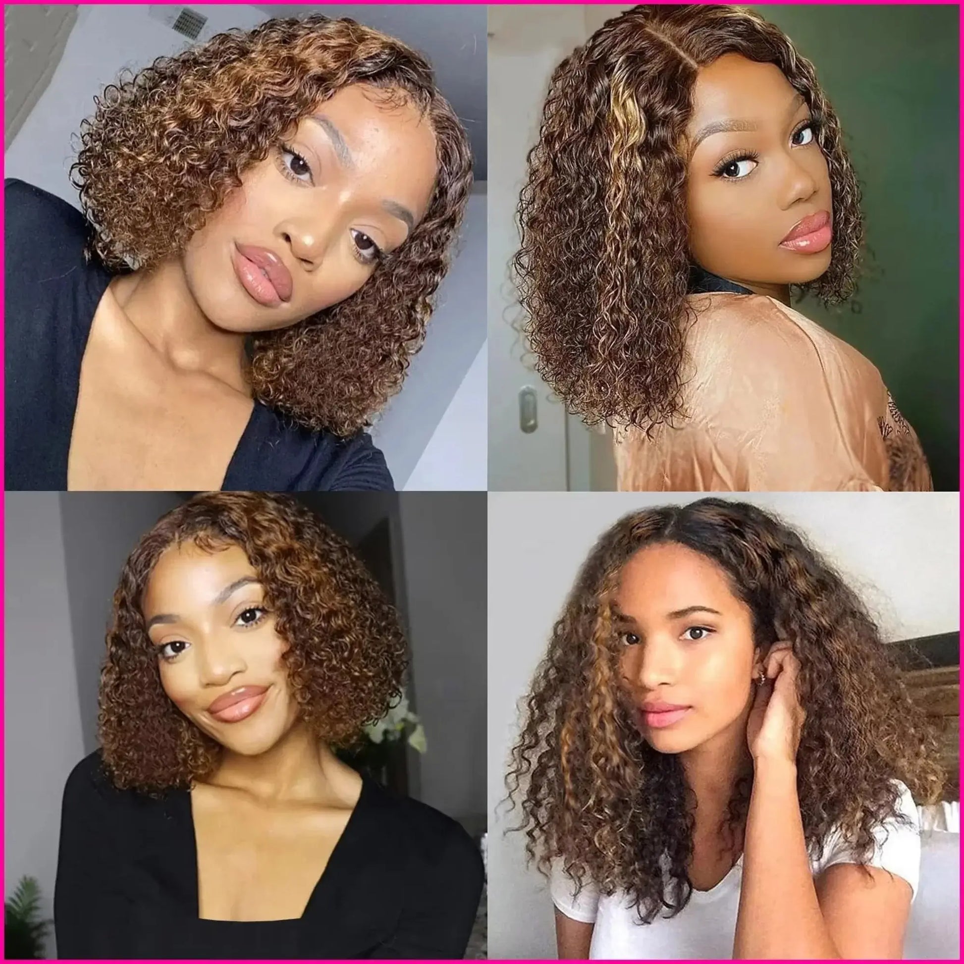 Four different angles of a woman with curly hair.