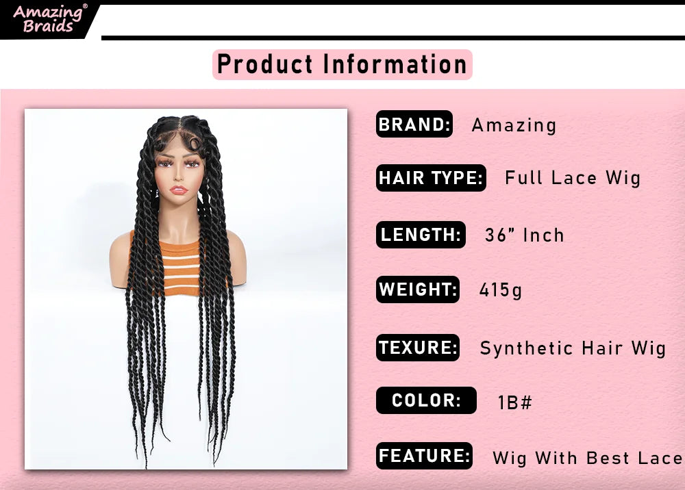 Product information card for a full lace wig with details on brand, hair type, length, weight, texture, color, and features.