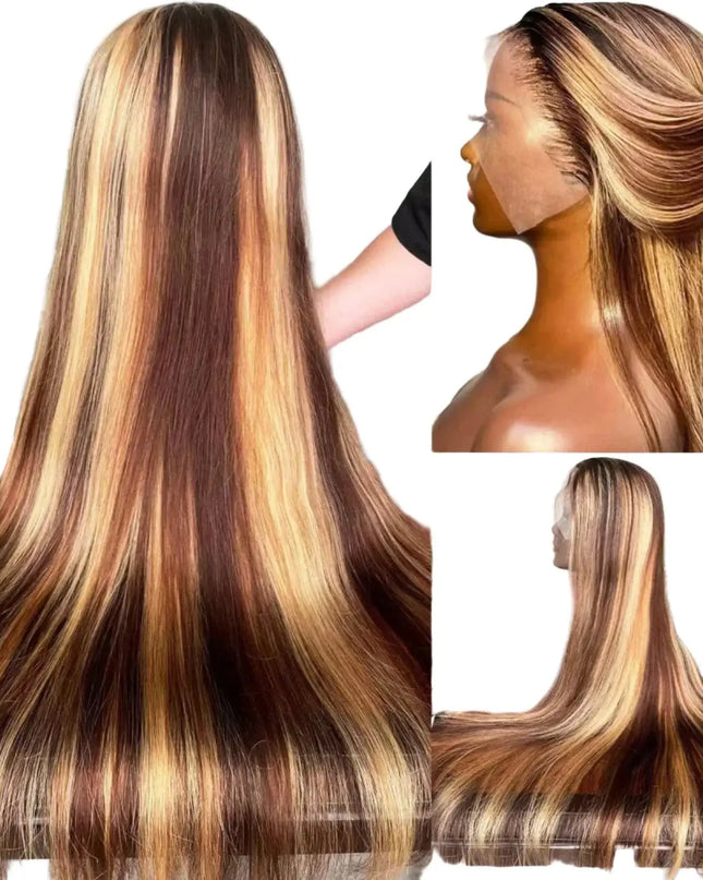 Collage of a wig with brown and blonde ombre hair, shown from different angles.