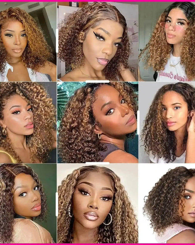 Collage of a woman with styled hair in various poses and backgrounds